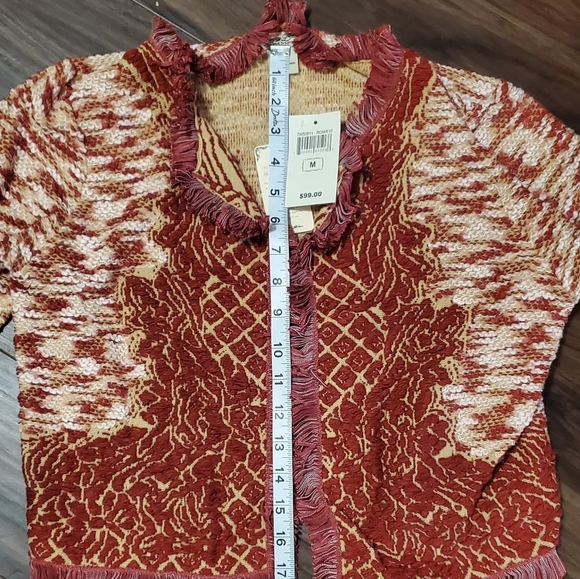 Lucky Brand Red and Cream Marled Pattern Fringe Trim Open Front Cropped Cardigan - Picture 9 of 10